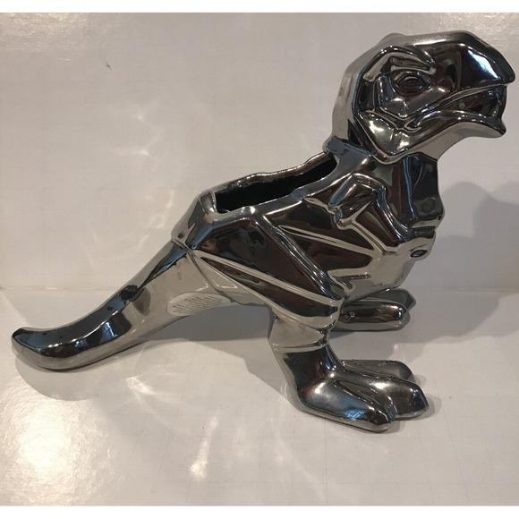 Chrome Dinosaur Trex Tyrannosaurus Rex Planter Pot - Picture 1 of 10